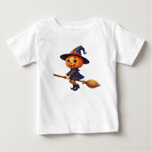 Camiseta Para Bebê Abóbora Bruxa Montando um Cabo de Vassoura