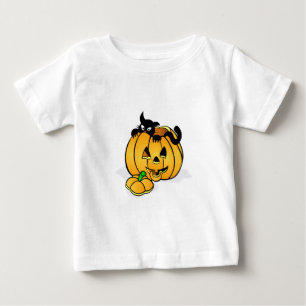 Camiseta Para Bebê Abóbora de Halloween com Gato Negro