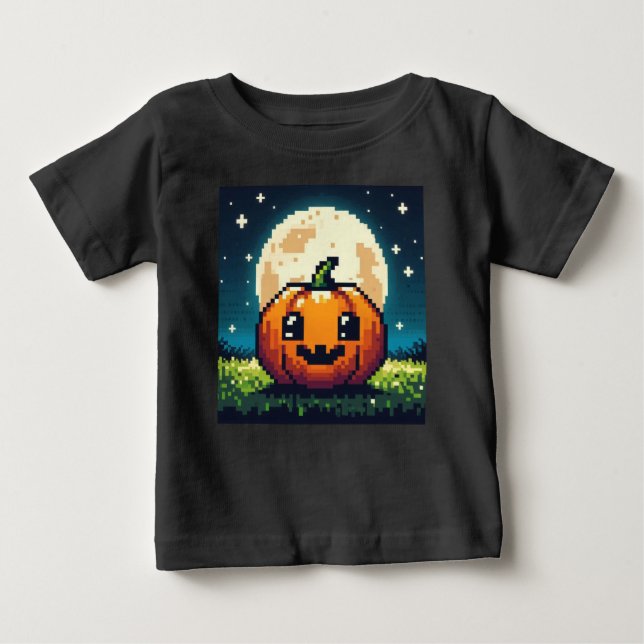 Camiseta Para Bebê Abóbora de Halloween de 8 bits sob a lua (Frente)