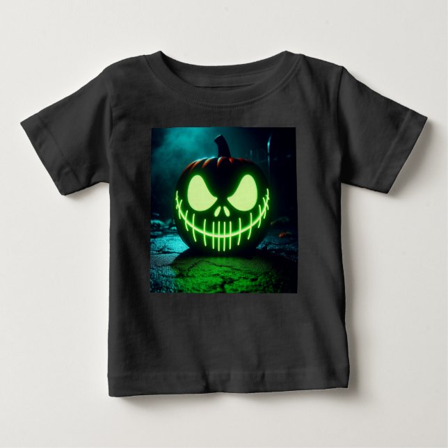 Camiseta Para Bebê Abóbora de Halloween verde-assustadora (Frente)