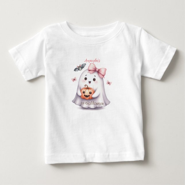 Camiseta Para Bebê Abóbora Morcego Fantasma Fofo de Halloween (Frente)