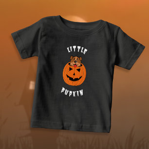 Camiseta Para Bebê Abóbora Pequena e Cão (Texto Branco)