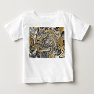 Camiseta Para Bebê Abstrato De Óleo Marmoreado Preto, Branco E Doura