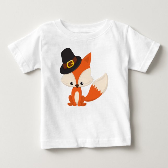 Camiseta Para Bebê Ação de Graças, Raposa Gira, Raposa Peregrina, Cha (Frente)