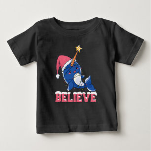 Camiseta Para Bebê Acredite nas Luzes de Fada de Neve de Natal Narwha