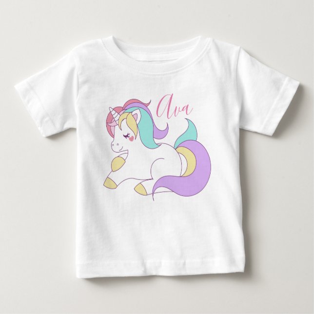 Camiseta Para Bebê Adicionar seu nome Cute Unicorn (Frente)