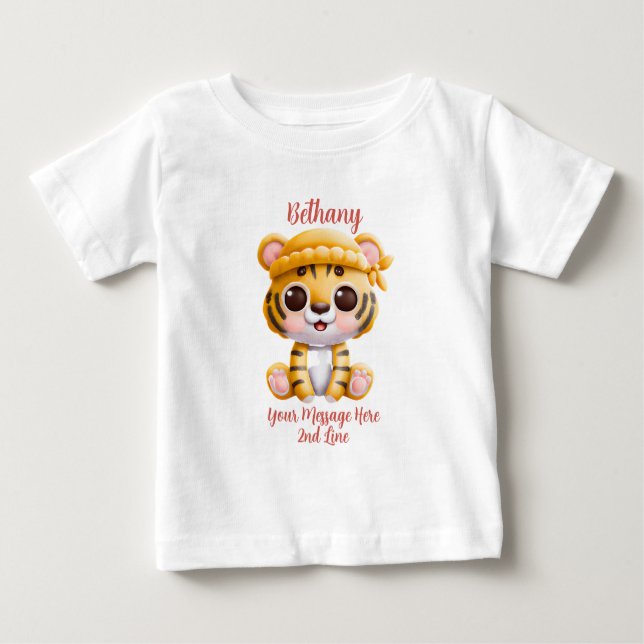 Camiseta Para Bebê Adicionar texto de nome, bebê tigre com chapéu (Frente)
