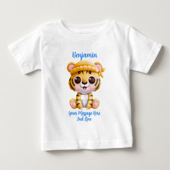 Camiseta Para Bebê Adicionar texto de nome, Tigre de bebê com chapéu (Frente)