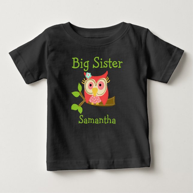 Camiseta Para Bebê Adicione um nome personalizado Owl Big Sister (Frente)