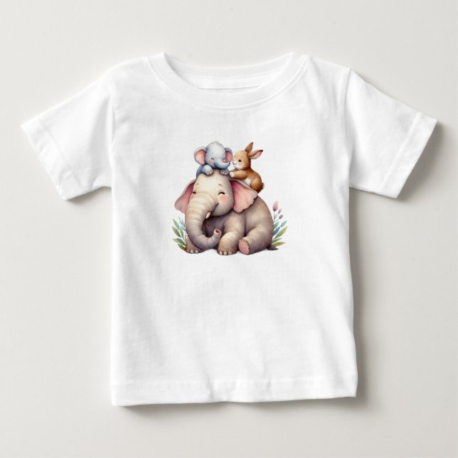Camiseta Para Bebê Adorable Boho Shirt for Babies | Elephant & Bunny  (Frente)