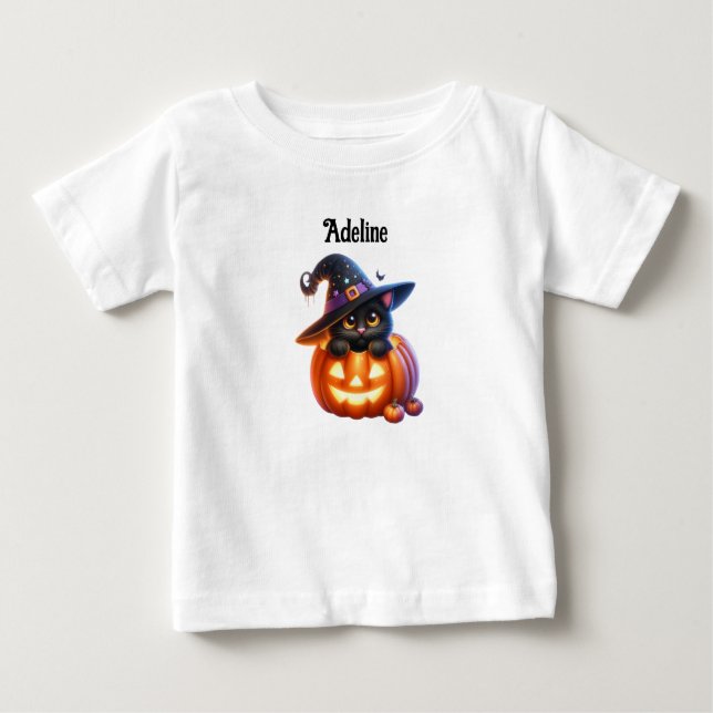 Camiseta Para Bebê Adorable Halloween Cat Pumpkin Design (Frente)