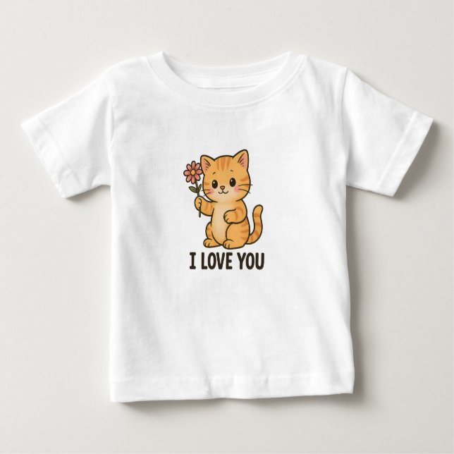 Camiseta Para Bebê Adorable Kitten Holding Flower – I LOVE YOU Cute  (Frente)