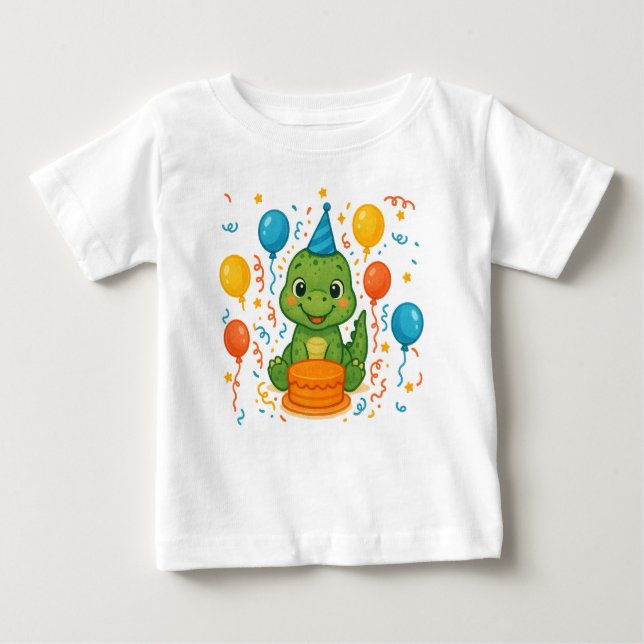 Camiseta Para Bebê Adorável Celebração de Aniversário do Dinossauro (Frente)