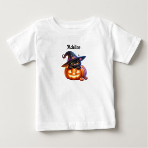Camiseta Para Bebê Adorável Desenho de Gato de Halloween em Abóbora