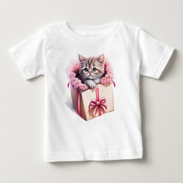 Camiseta Para Bebê Adorável Kitten em uma Caixa Aniversário Presente (Frente)
