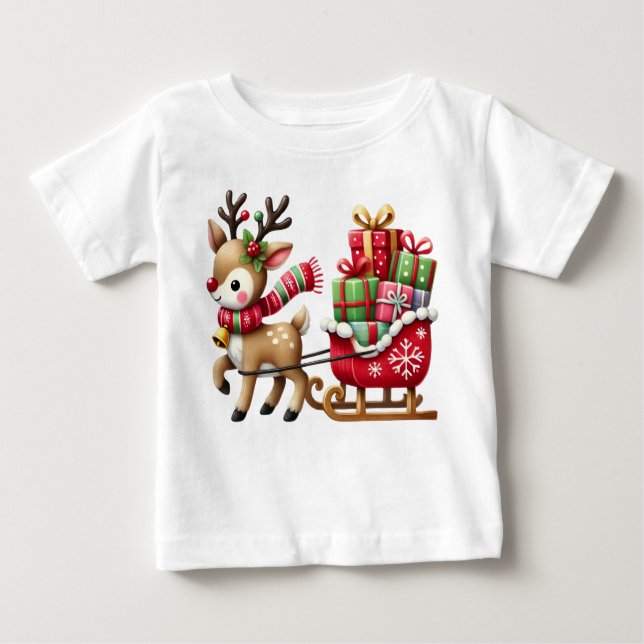 Camiseta Para Bebê Adorável Reindeer e Design de Natal Sleigh (Frente)