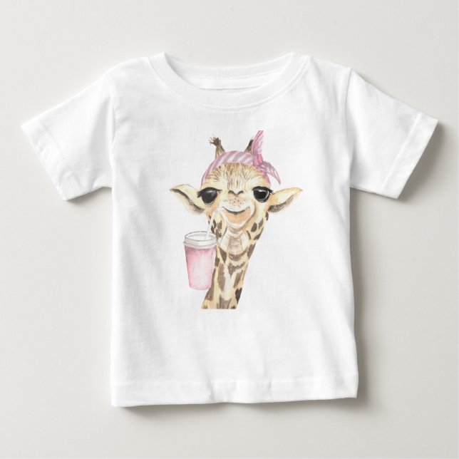 CAMISETA PARA BEBÊ ADORÁVEL TAN GIRAFFE PINK HAT E CUP (Frente)