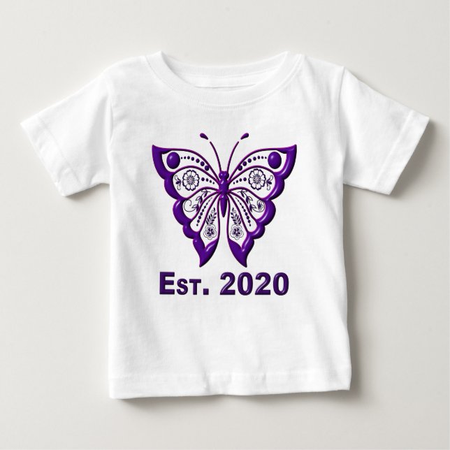 Camiseta Para Bebê Adoravelmente Bonito "Est. 2020 Borboleta Roxa" (Frente)