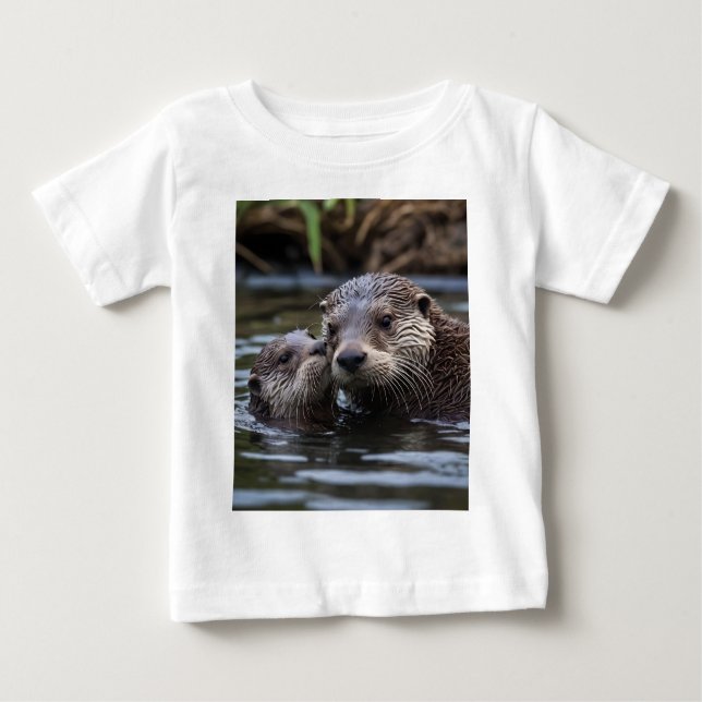 Camiseta Para Bebê Adrift in Love: Mamãe e Bebê Otter In River (Frente)