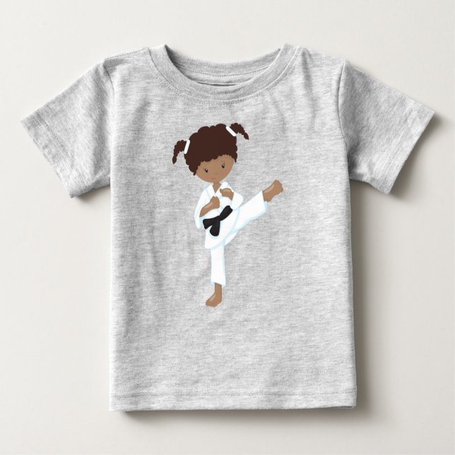 Camiseta Para Bebê African American Girl, Karate Girl, Black Belt (Frente)