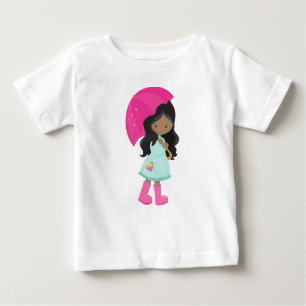 Camiseta Para Bebê African American Girl, Rain, Raincoat, Umbrella