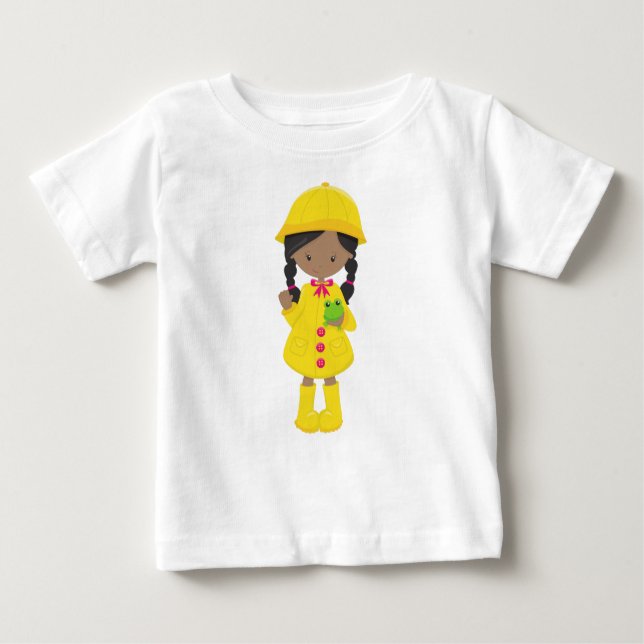 Camiseta Para Bebê African American Girl, Raincoat, Chuva, Boots, Sap (Frente)