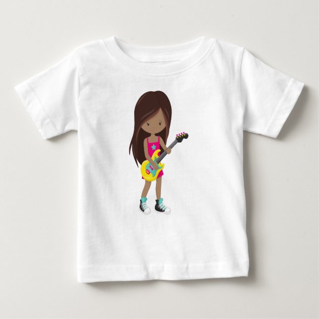 Camiseta Para Bebê African American Girl, Rock Girl, Guitar Player (Frente)