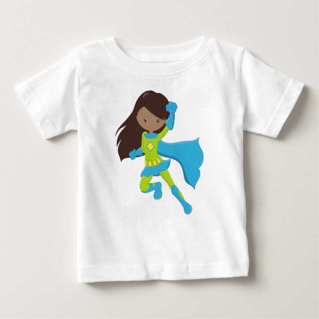Camiseta Para Bebê African American Girl, Super Herói Girl, Blue Cape (Frente)