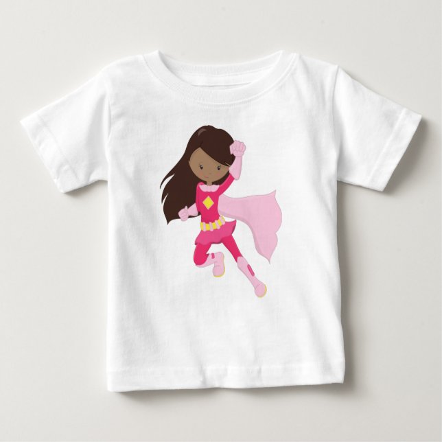 Camiseta Para Bebê African American Girl, Super Herói Girl, Cabo Rosa (Frente)