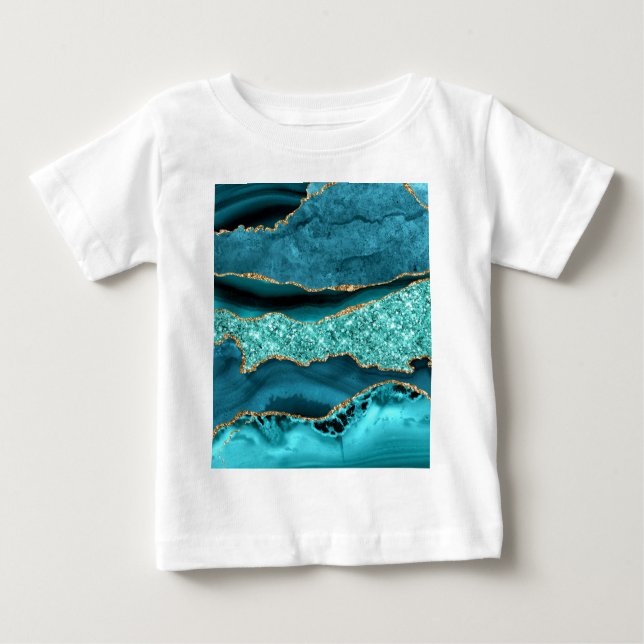 Camiseta Para Bebê Agate Teal Blue Glitter Marble Aqua Turquoise (Frente)