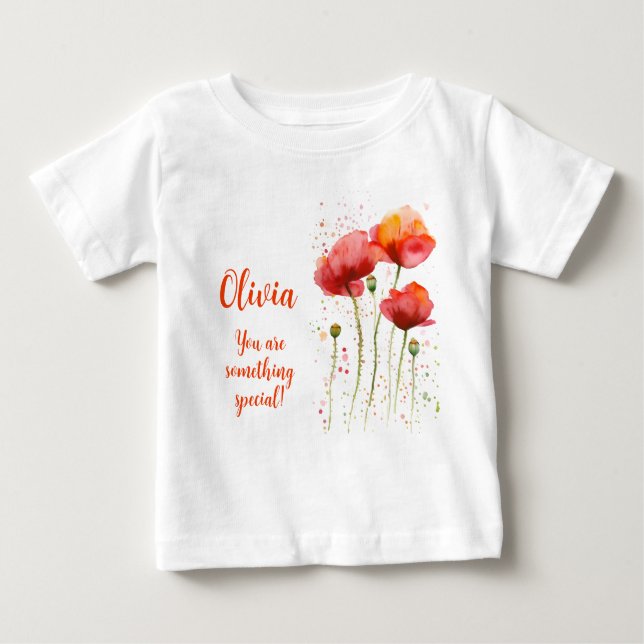 Camiseta Para Bebê Agosto flor de nascimento Papoilas vermelhas Aquar (Frente)