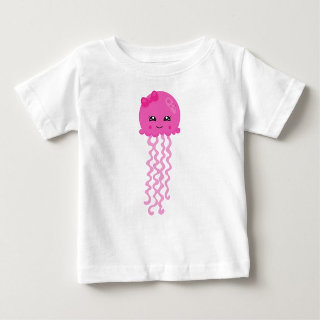 Camiseta Para Bebê Água-viva branca, pequena água-viva, medusa rosa (Frente)