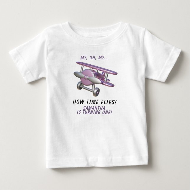 Camiseta Para Bebê Airplane Oh My Time Flies Travel First Birthday  (Frente)