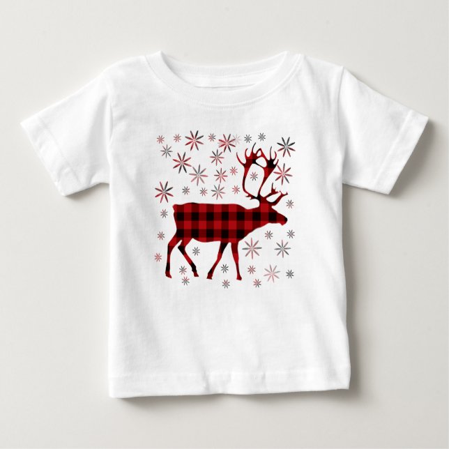 Camiseta Para Bebê Alce de Natal, veado, alce, rena, xadrezes vermelh (Frente)
