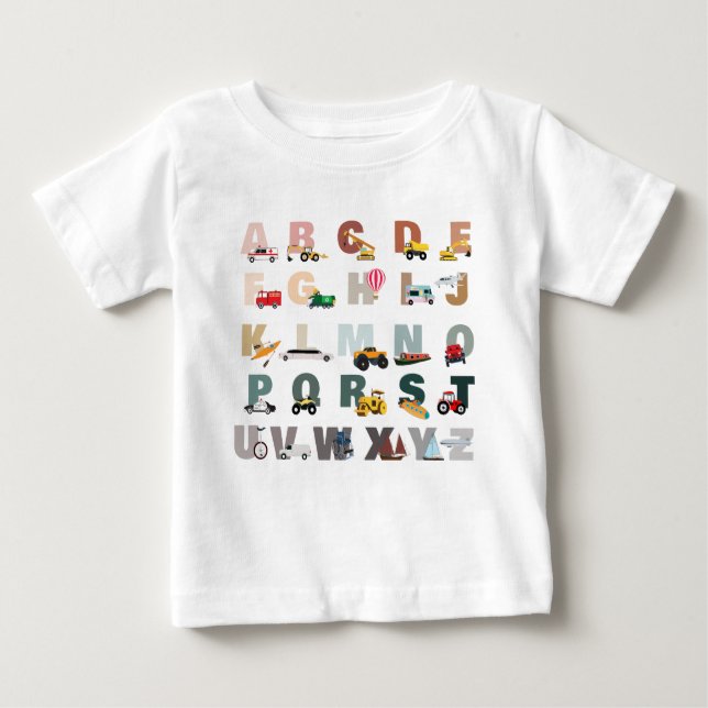 Camiseta Para Bebê Alfabeto Bonito de Caminhões ABC, Veículos de Tran (Frente)