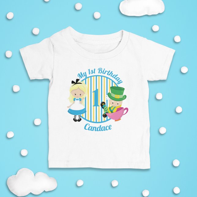 Camiseta Para Bebê Alice in Wonderland 1st Birthday Cute Personalized (Criador carregado)