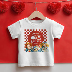 Camiseta Para Bebê Alice no ONEderland Aniversário de 1 ano Nome Meni