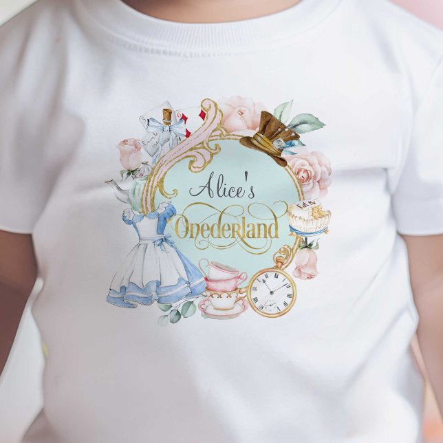 Camiseta Para Bebê Alice no País das Neves, primeiro aniversario-bebê (Alice Onederland, Girl 1st birthday, Mad hatter tea party.)