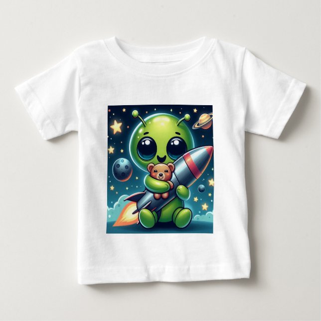 CAMISETA PARA BEBÊ ALIEN COM UM FOGUETE (Frente)