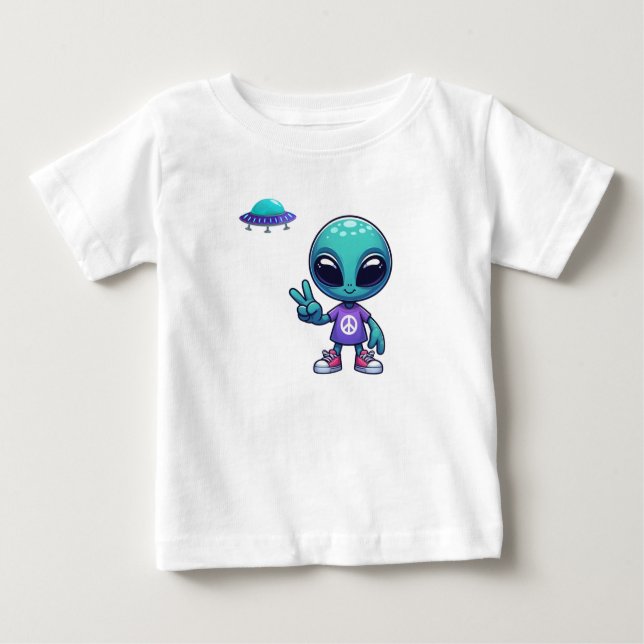 Camiseta Para Bebê Alienígena de paz e nave espacial (Frente)