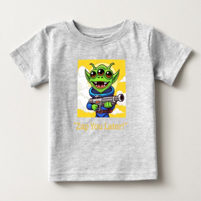 Camiseta Para Bebê Alienígena verde engraçada com Ray Gun | Cartoon S (Frente)