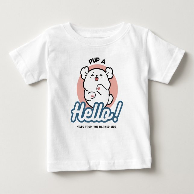 Camiseta Para Bebê Alô! - Design de Cartoon Feliz de Cachorro Branco (Frente)