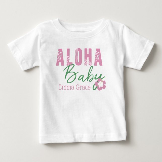 Camiseta Para Bebê Aloha Baby Pink & Green Tropical Flower Monograma (Frente)