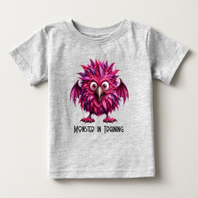 Camiseta Para Bebê Âmbar - Monstro Fantasioso de Olhos Grandes e Penu (Frente)