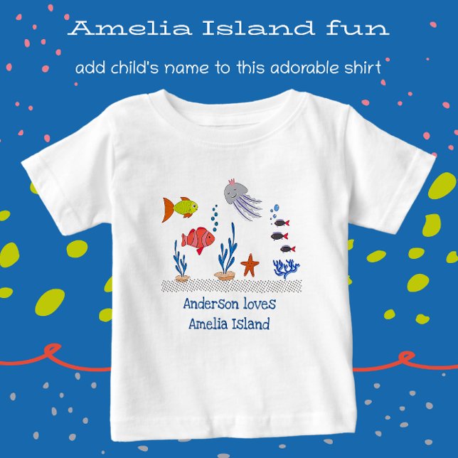 Camiseta Para Bebê Amelia Island FL Diversão Peixes do Oceano com Nom (Cute Vacation Souvenir with name.)