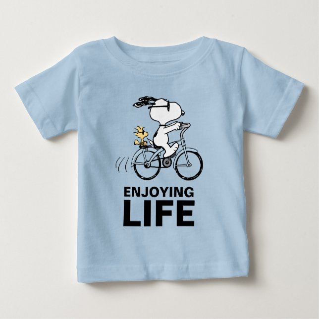 Camiseta Para Bebê Amendoins | Bicicleta Snoopy & Woodstock (Frente)