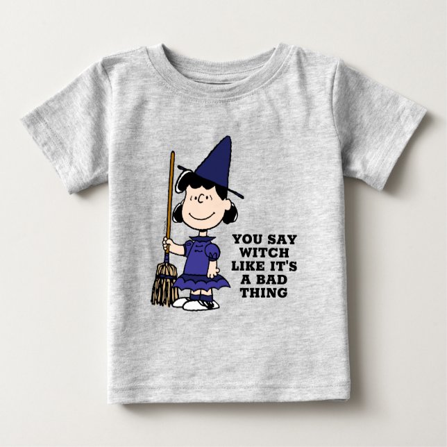 Camiseta Para Bebê Amendoins | Bruxa Lucy Halloween (Frente)