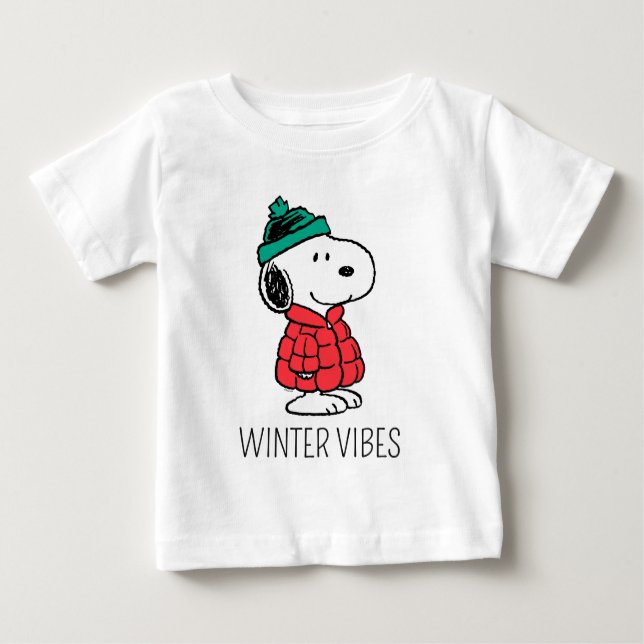 Camiseta Para Bebê Amendoins | Casaco de inverno e chapéu de Snoopy (Frente)