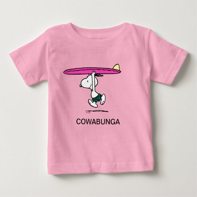 Camiseta Para Bebê Amendoins | Esnoopia a correr para o Surf (Frente)