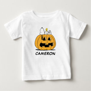 Camiseta Para Bebê Amendoins Esnoopia e Woodstock Jack-O-Lanterna